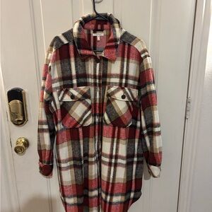 Maurices Plaid flannel long shirt/ jacket - Red, Brown, Cream